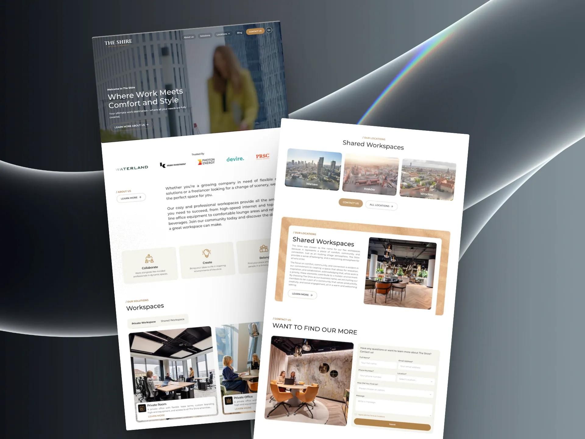 The Shire home page and a workspace page in the new design