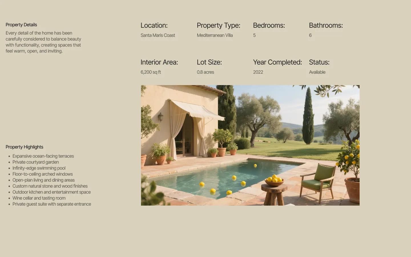 Architecture and design section with photos of a stucco villa