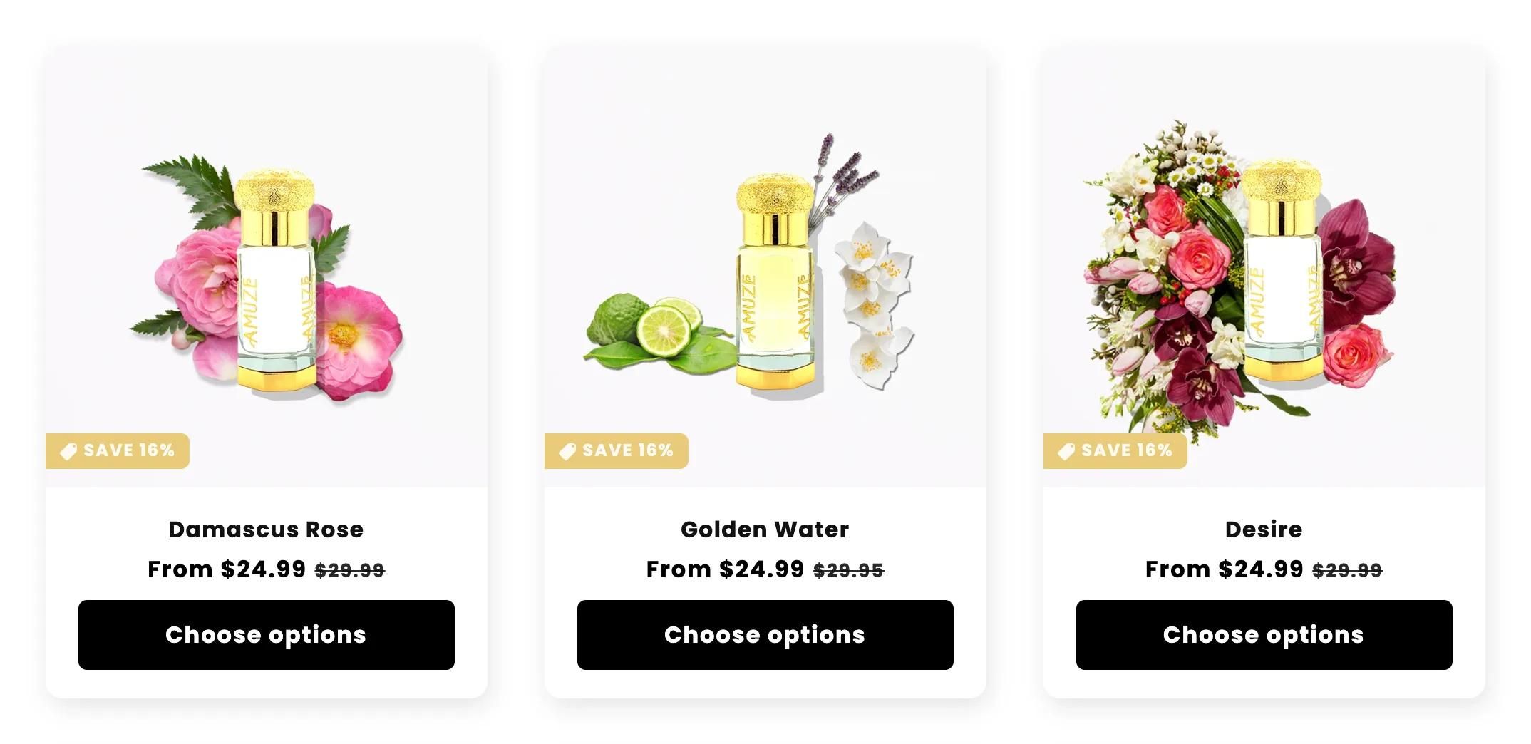 Amuze product cards for Damascus Rose, Golden Water and Desire, each bottle shown with the flowers, fruit and leaves of its notes