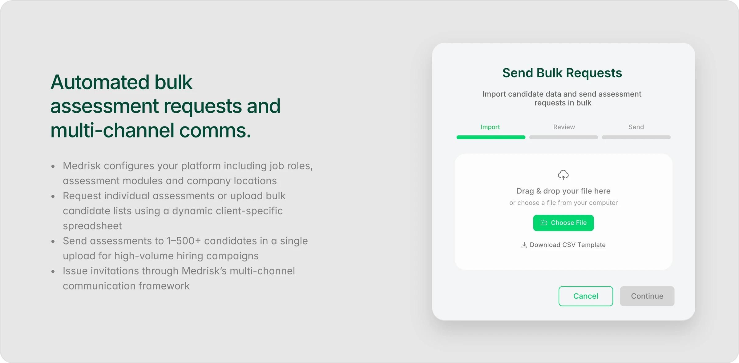 MedRisk How it works section: automated bulk assessment requests beside a Send Bulk Requests file upload panel
