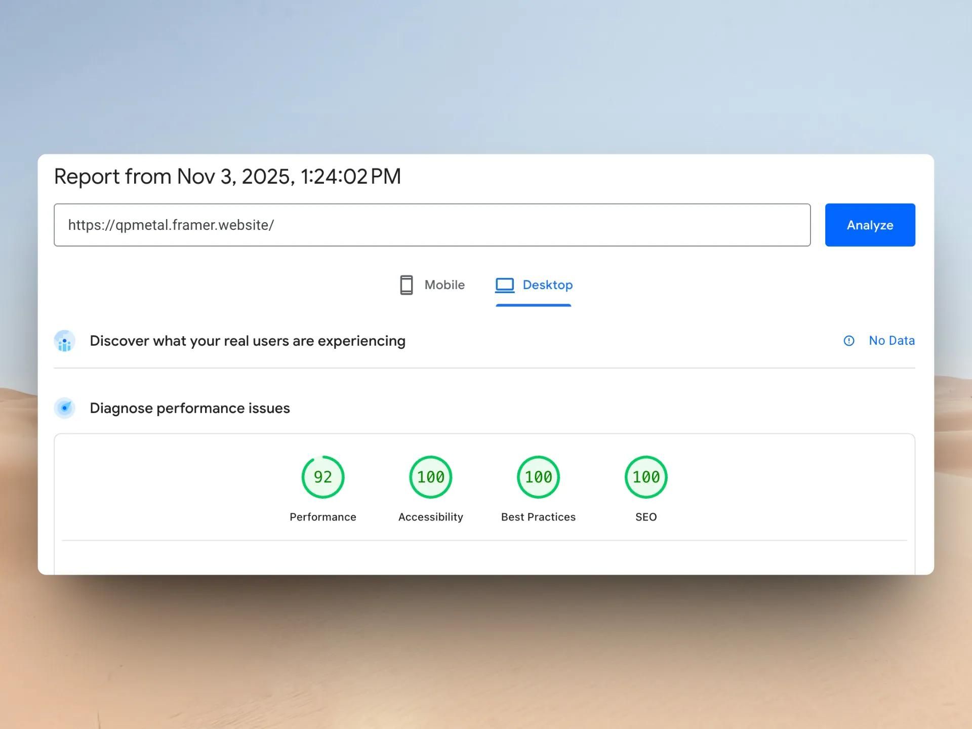 PageSpeed Insights report for the QP Metal site