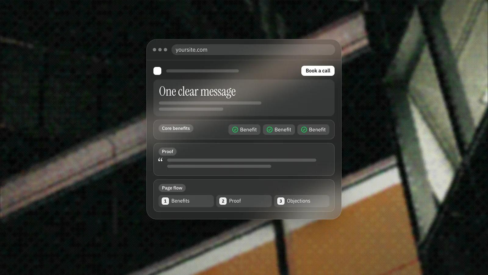 A landing page outline with one clear message, core benefits, proof and a single repeated call to action.