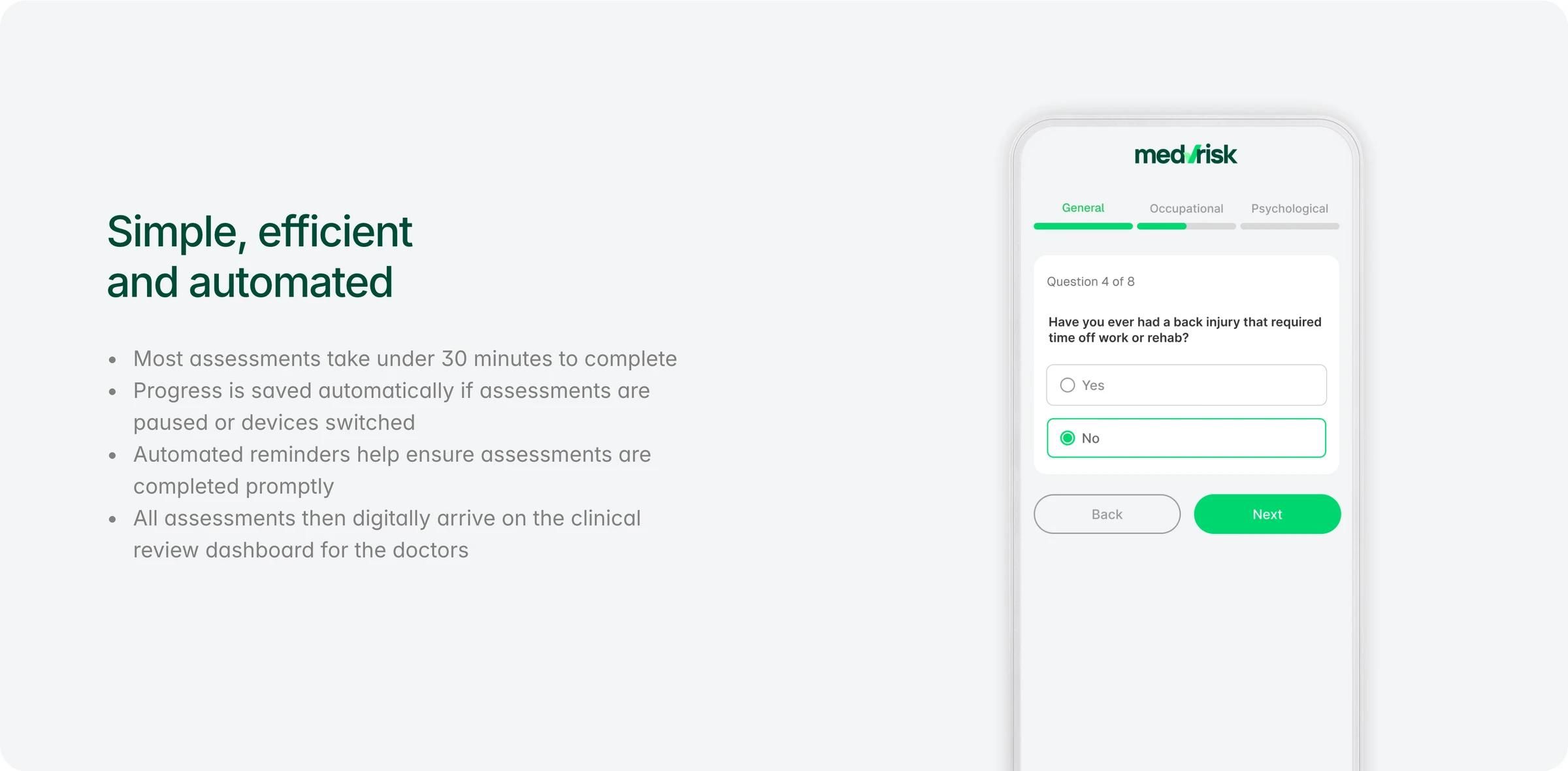 MedRisk How it works section: a phone showing one assessment question with Yes and No answers