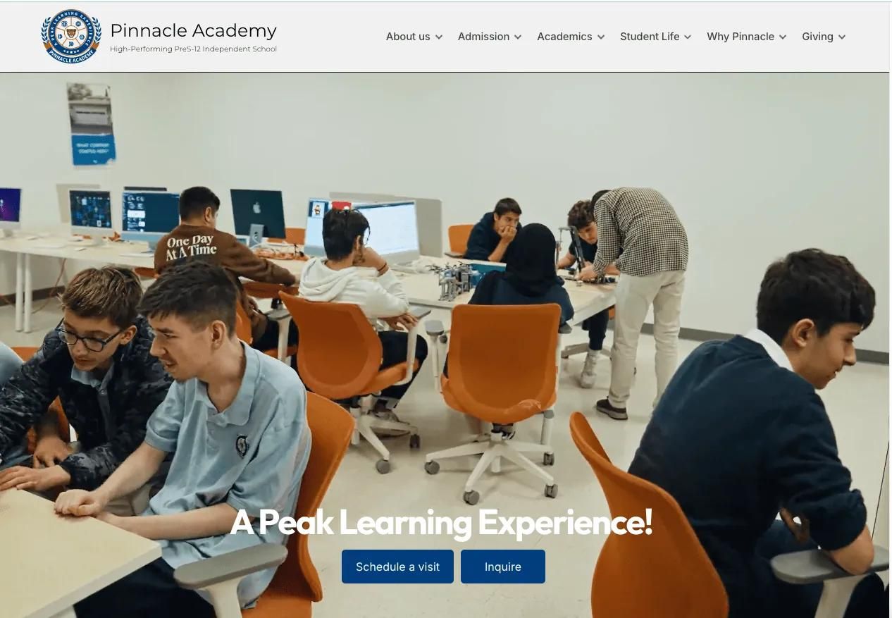 Pinnacle Academy home page hero: a peak learning experience