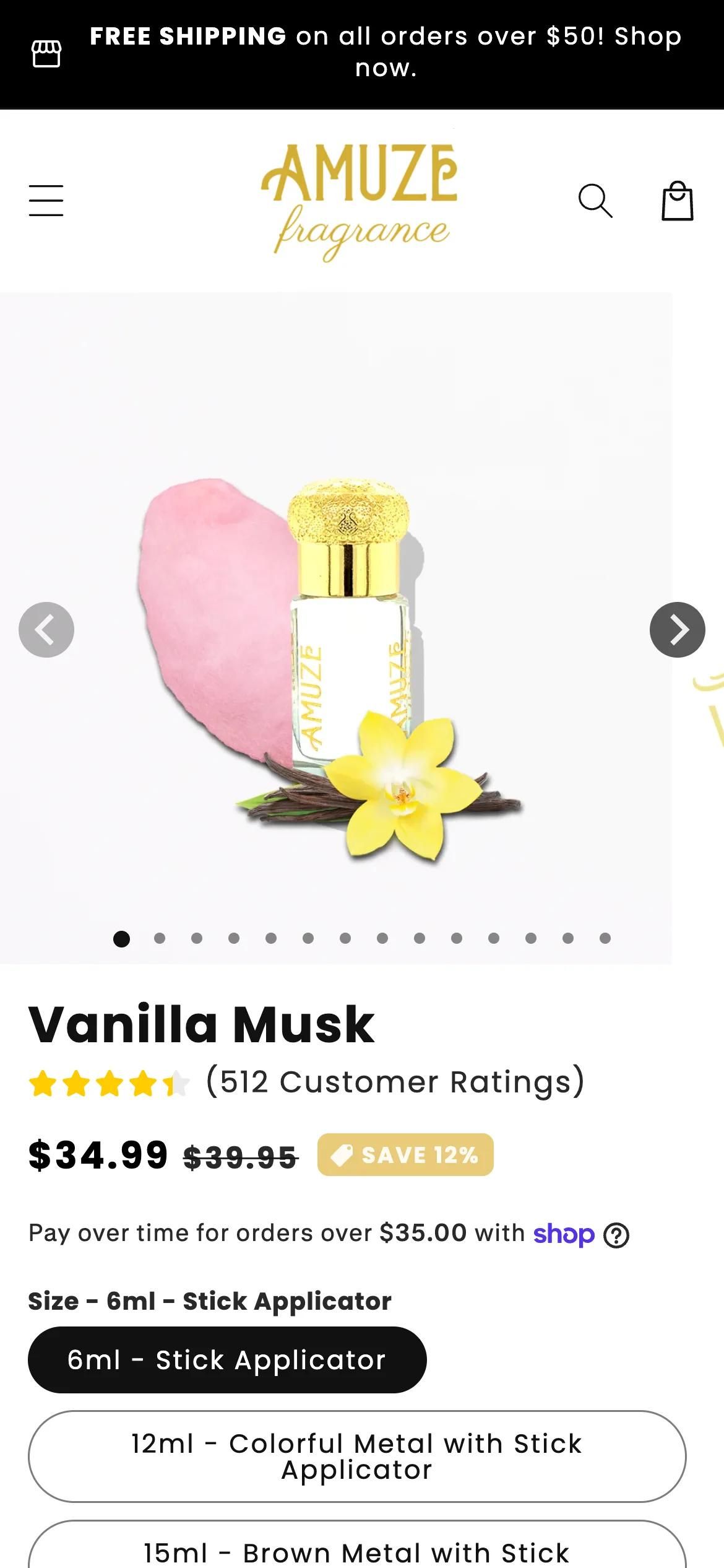 Amuze product page on a phone: Vanilla Musk with its price and size options