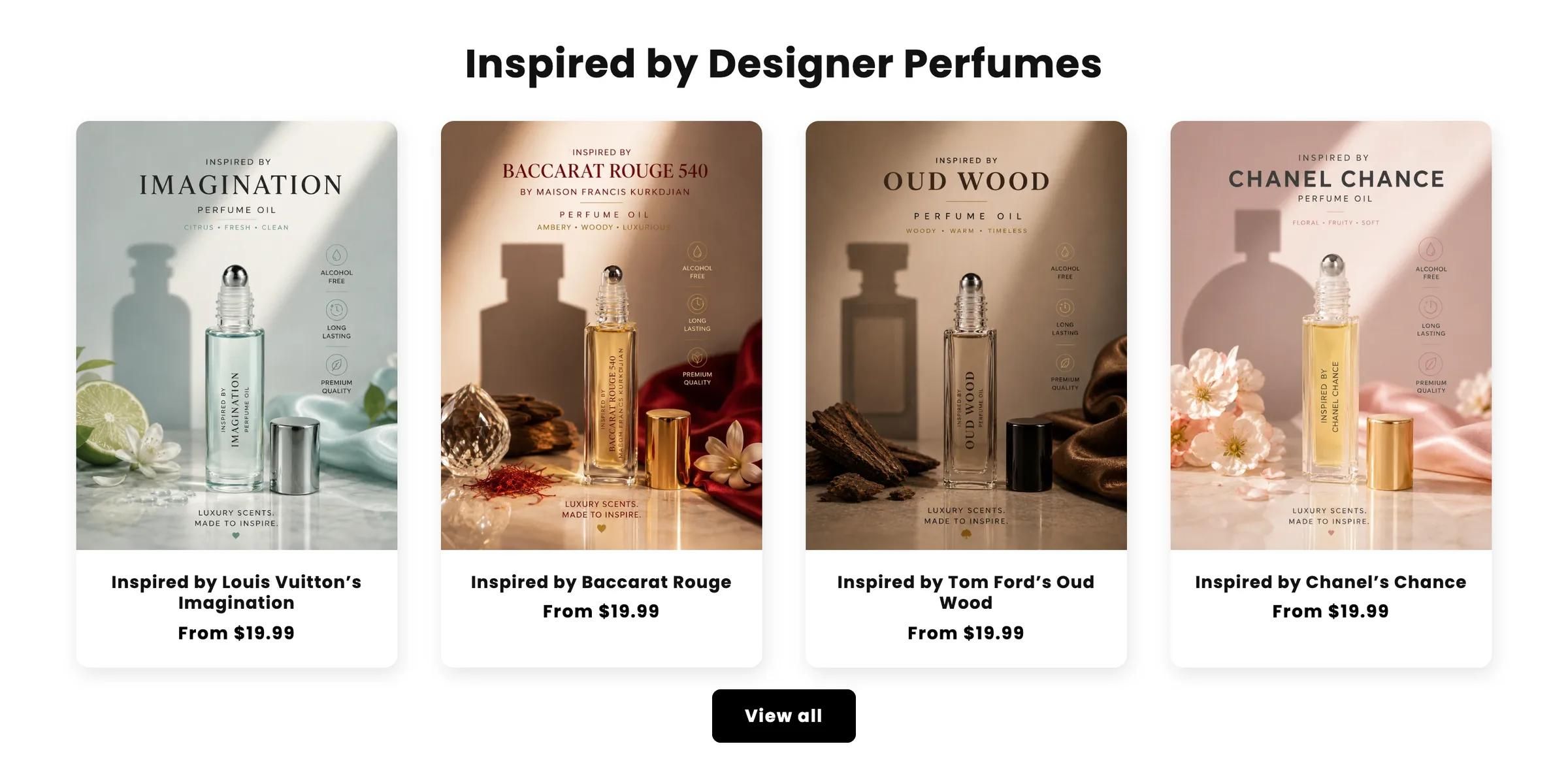 Inspired by Designer Perfumes section: four perfume oil bottles, each with its own styled product image