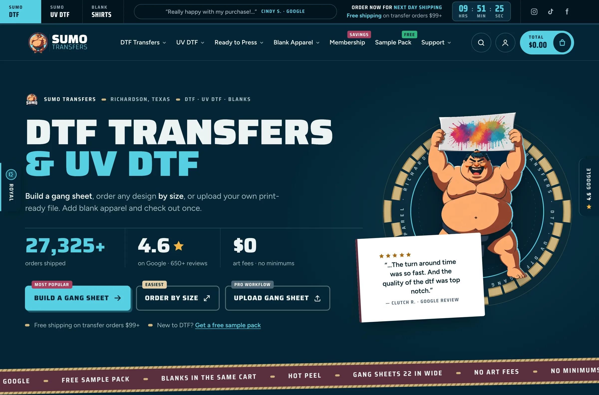 sumotransfers.com home page: the DTF Transfers and UV DTF headline with Build a gang sheet, Order by size and Upload gang sheet buttons