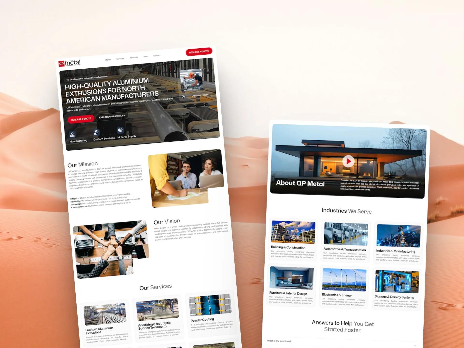 QP Metal home page and About page