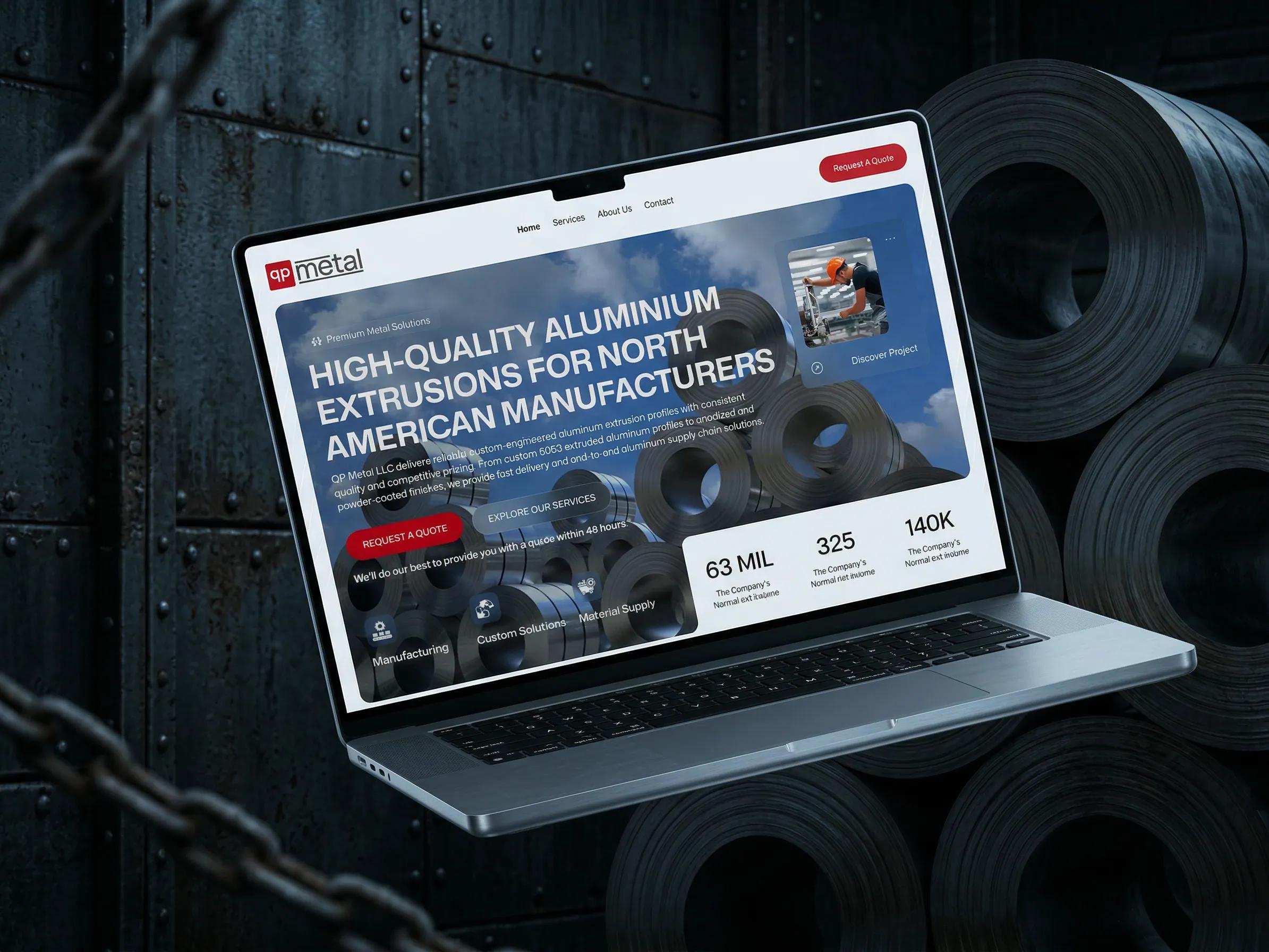 QP Metal home page on a laptop in front of aluminium coils