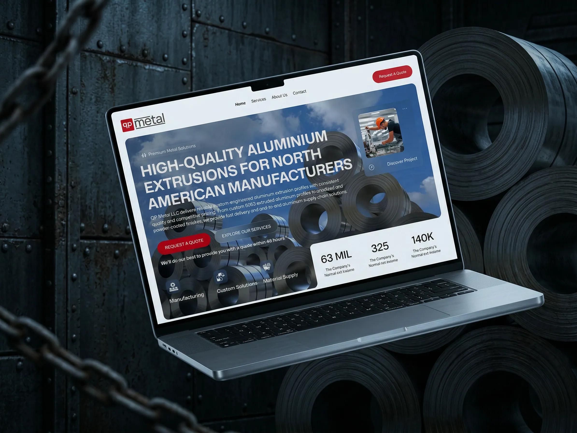 QP Metal home page on a laptop in front of aluminium coils