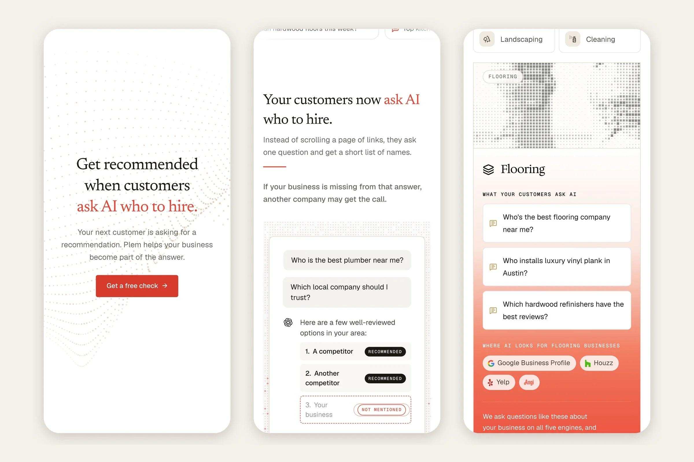 Plem pages on three phone screens: the hero, the AI answer and the trade picker