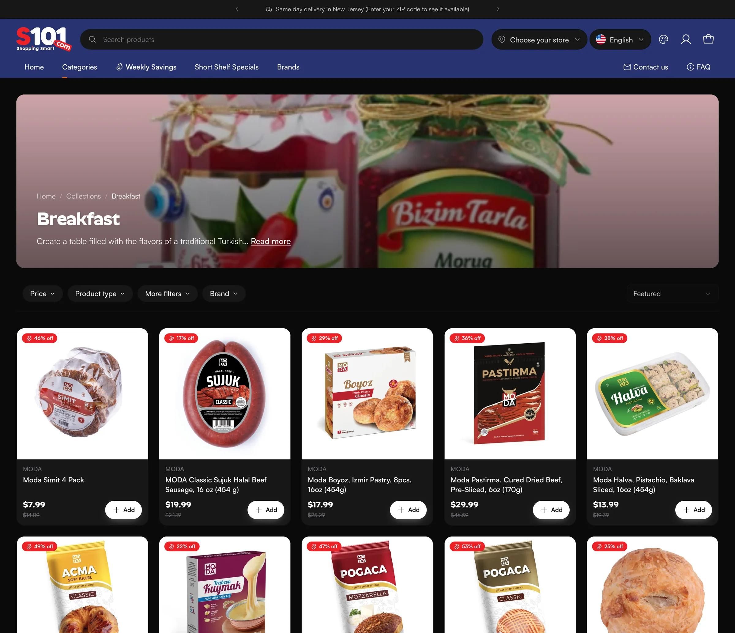 S101 Breakfast collection page with filters and a grid of products