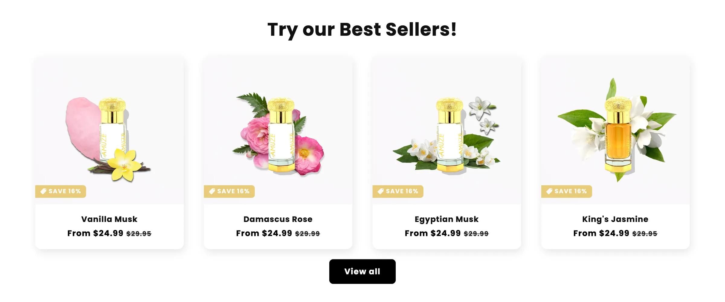 Try our Best Sellers section: four perfume oils, each bottle shown with its notes