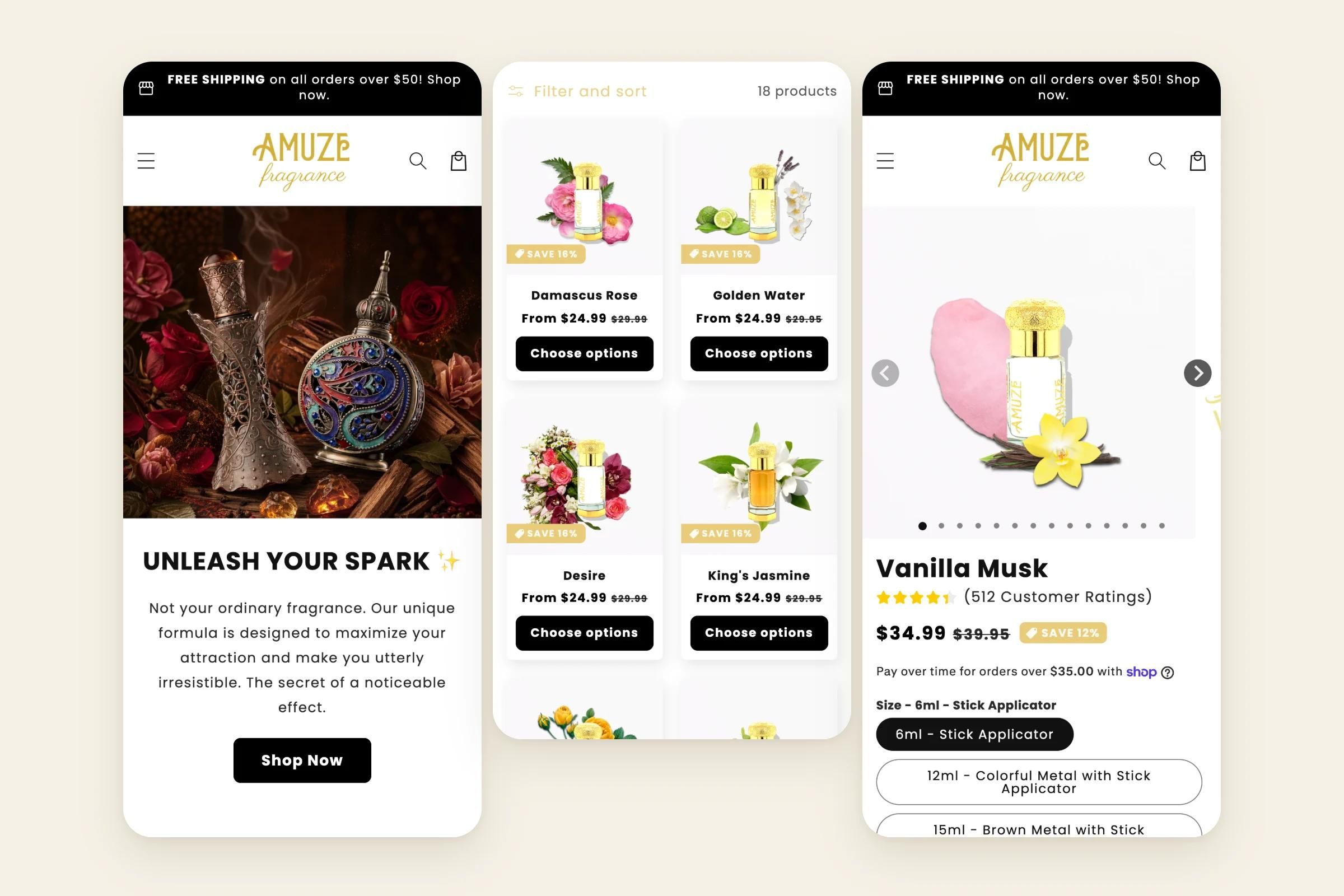 Amuze Fragrance on three phone screens: the home page, the Fresh and Floral collection with the product images we generated, and a product page