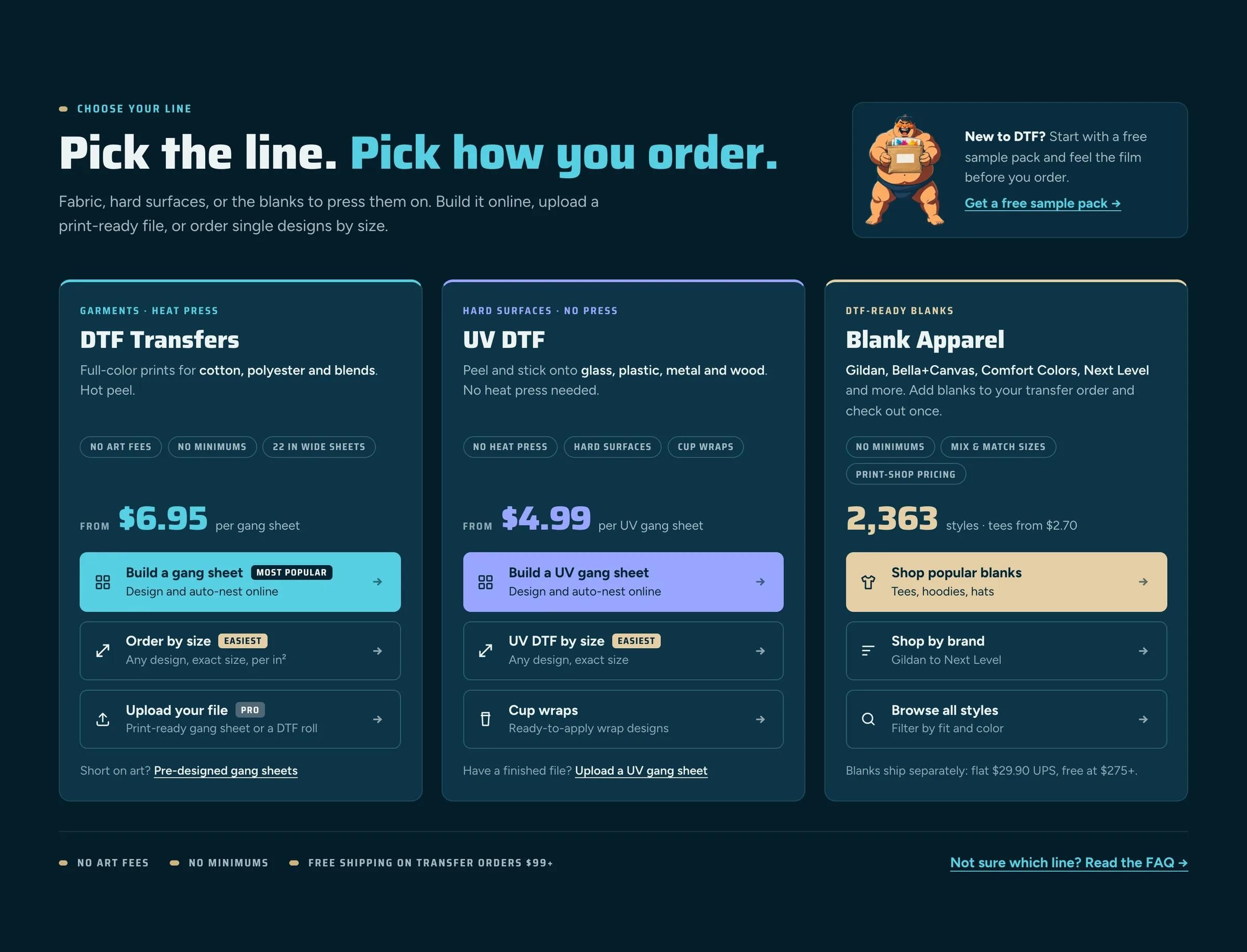 Choose your line section: DTF Transfers, UV DTF and Blank Apparel cards, each with its ways to order