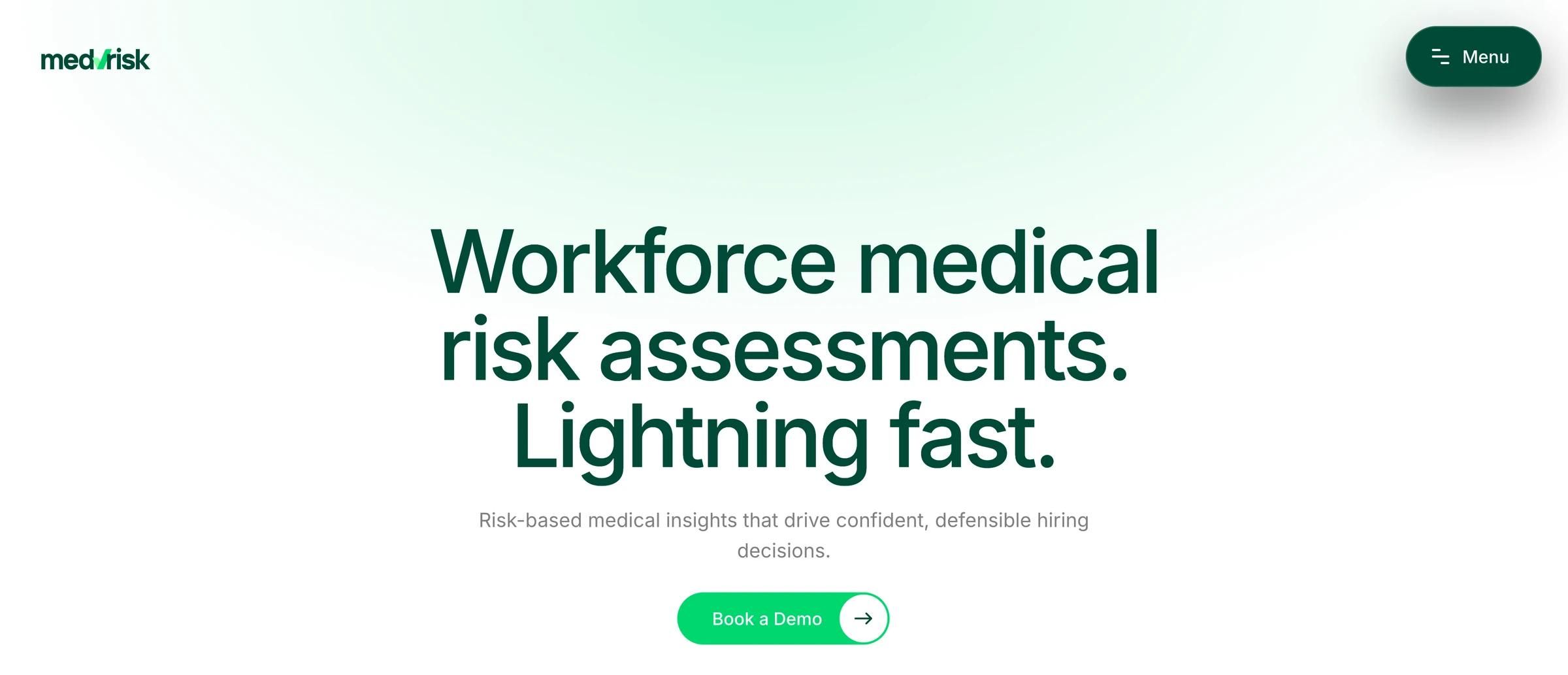 MedRisk home page hero: workforce medical assessments with a Book a Demo button