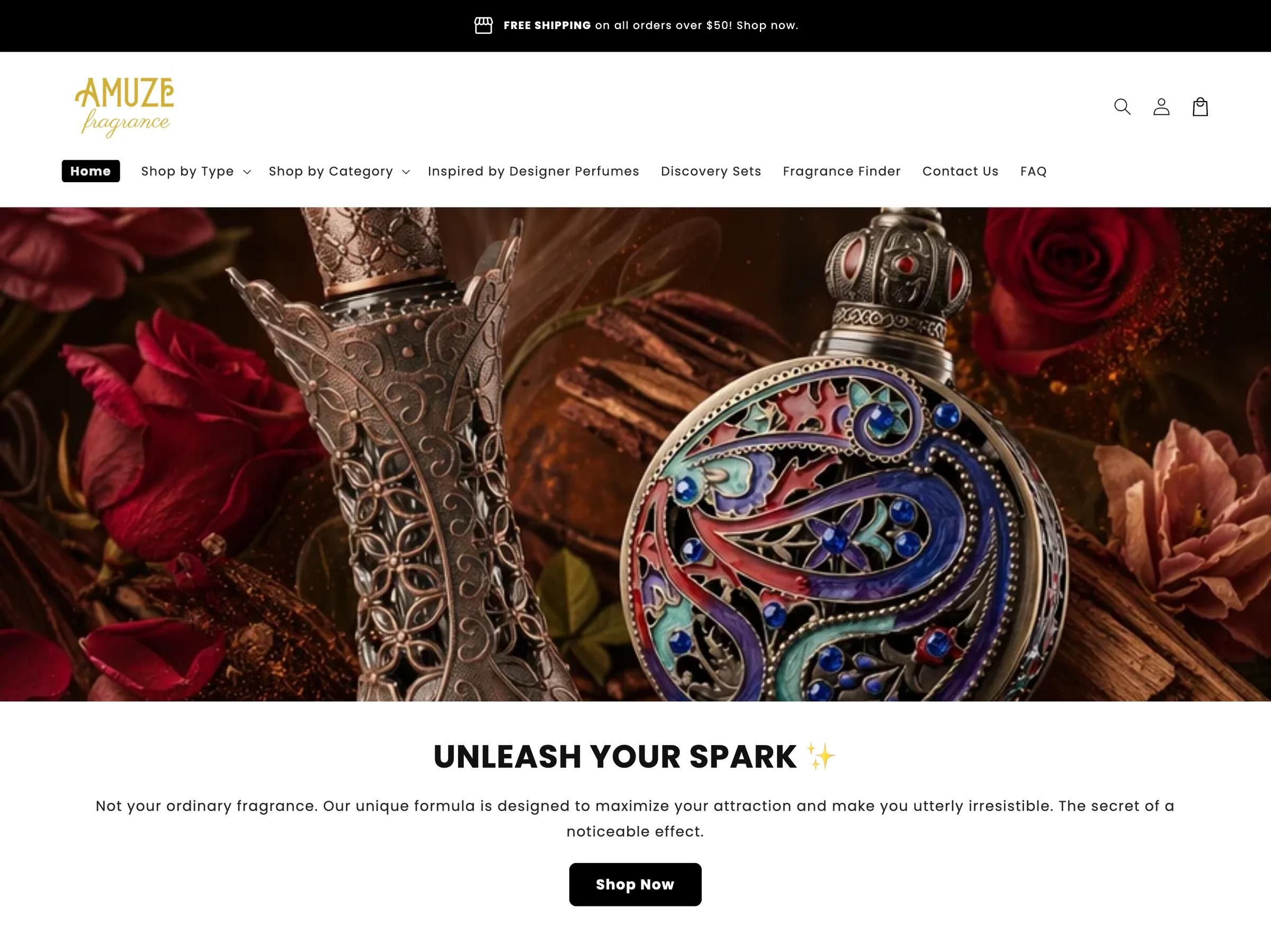amuzefragrance.com home page: the Amuze wordmark, the navigation and a hero image of ornate perfume bottles