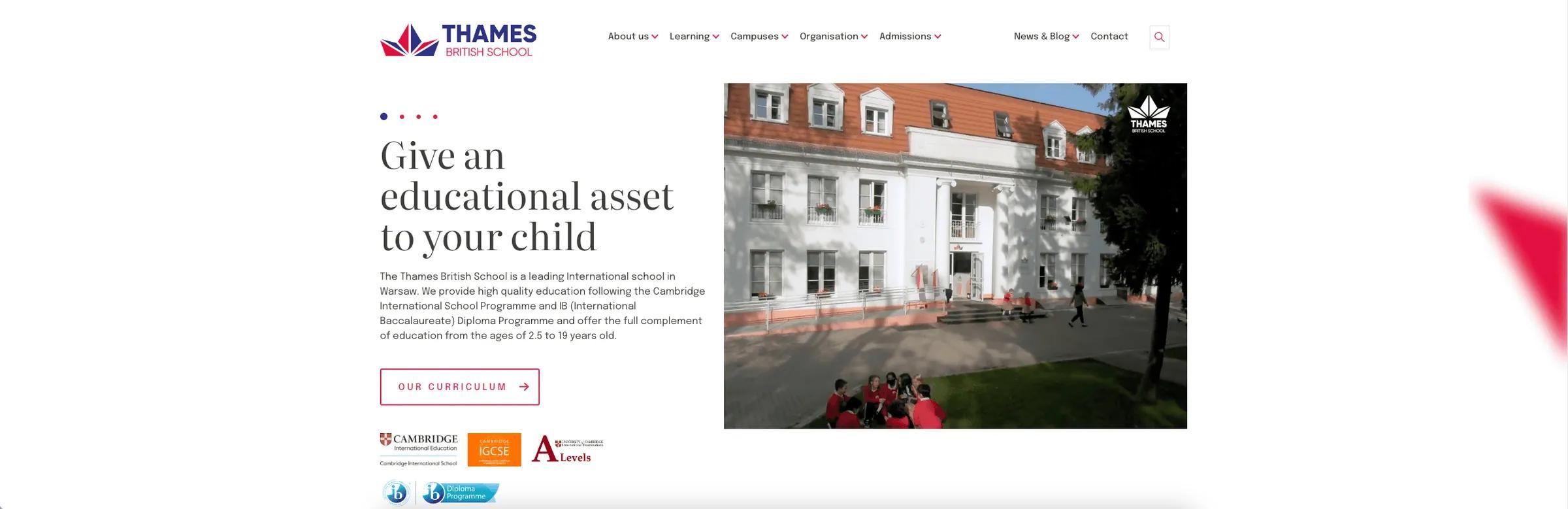 The Thames British School website, shown for context