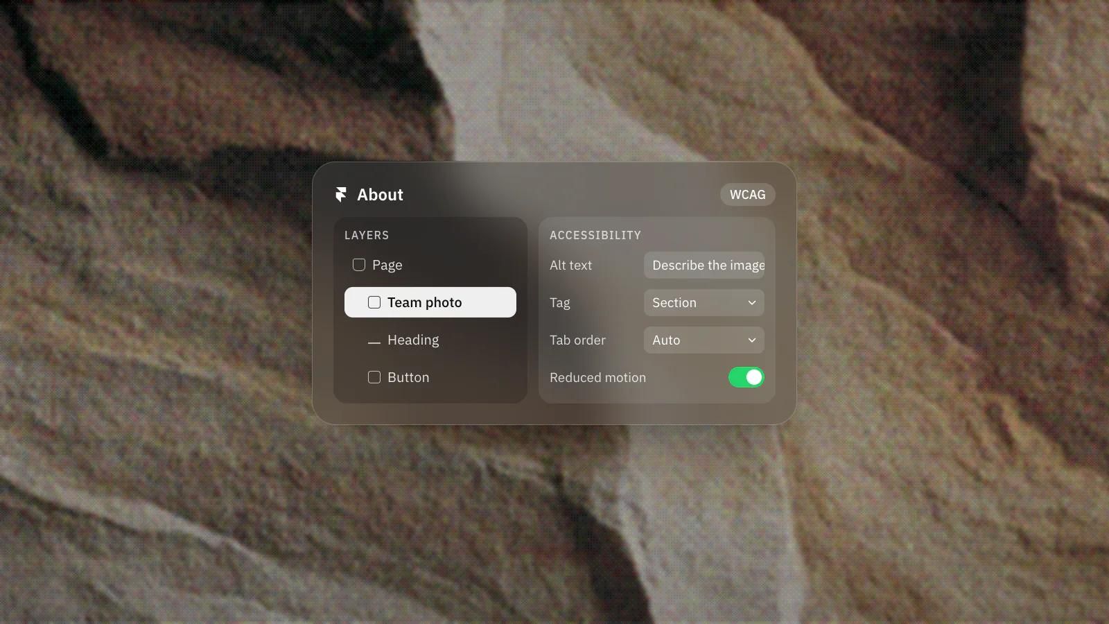 A Framer panel with an image selected and its accessibility settings: alt text, semantic tag, tab order and reduced motion, on a frosted glass card over a dithered photo of a sandstone cliff.