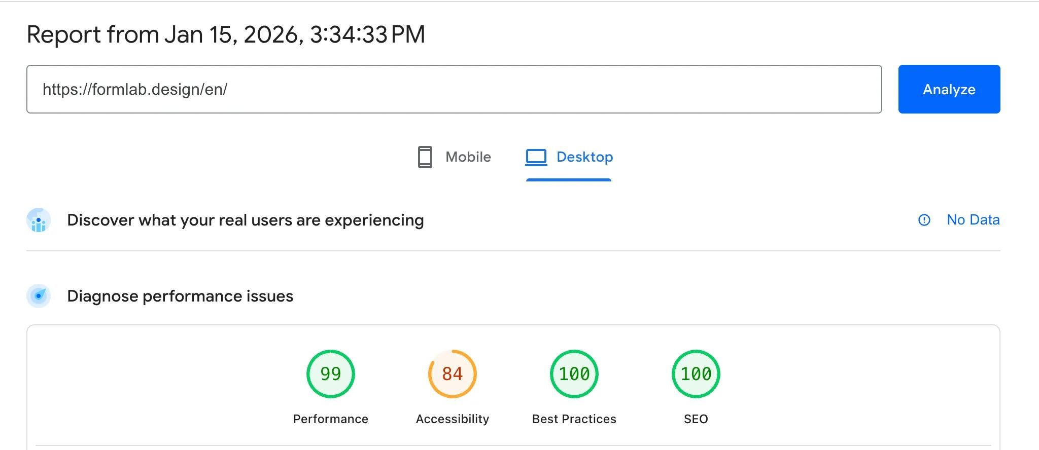 PageSpeed Insights report for the FormLab site