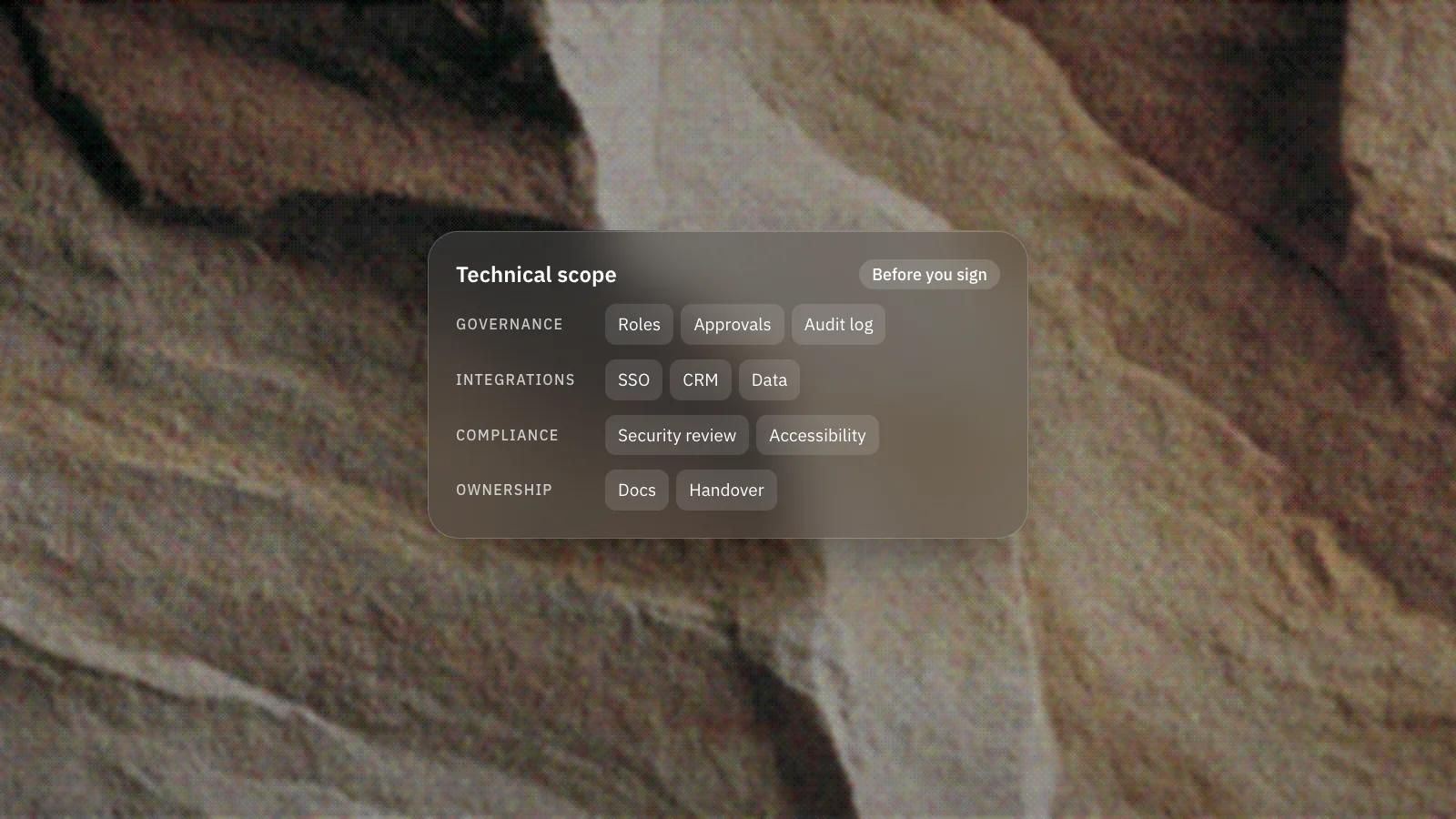 An enterprise technical scope laid out in layers: governance, integrations, compliance and ownership, on a frosted glass card over a dithered photo of a sandstone cliff.