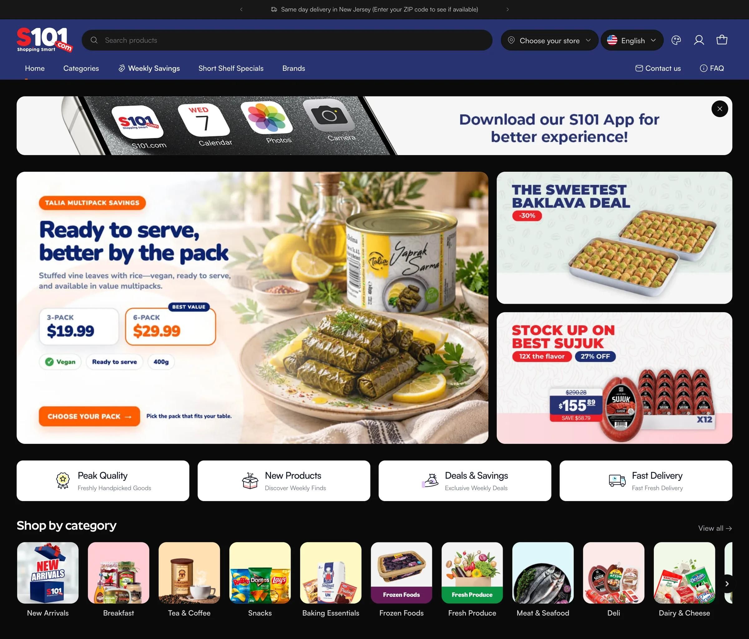s101.com home page: the header and search, multipack, baklava and sujuk promotions, and the Shop by category row