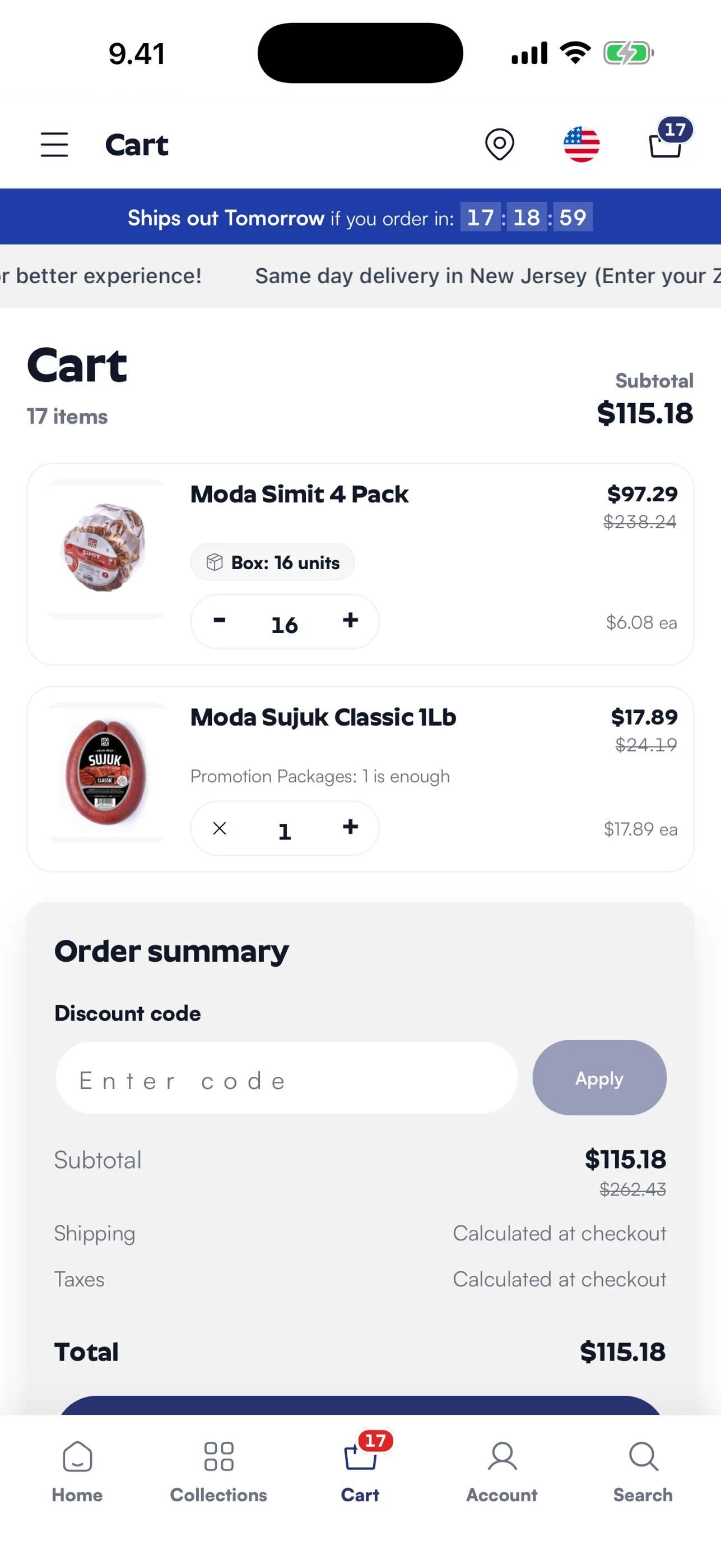 S101 app on an iPhone: the cart with an order summary