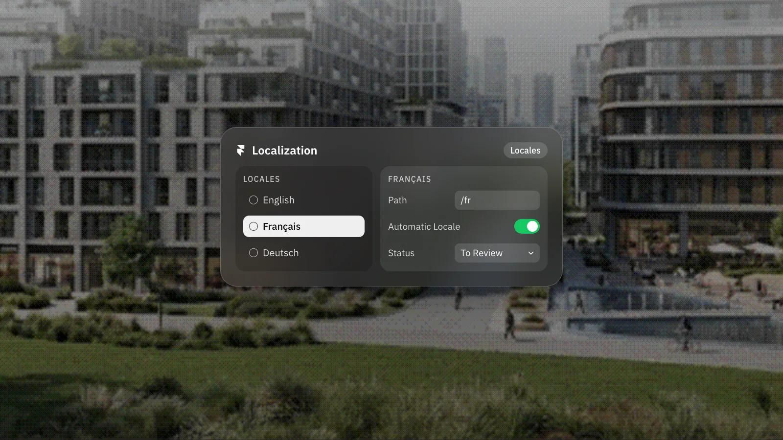 Framer's Localization view with English, French and German locales, a French page path and Automatic Locale switched on.