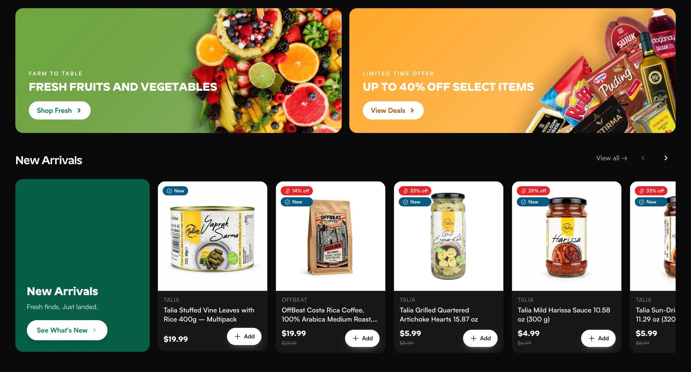 S101 home page: fresh produce and deals banners above the New Arrivals product row