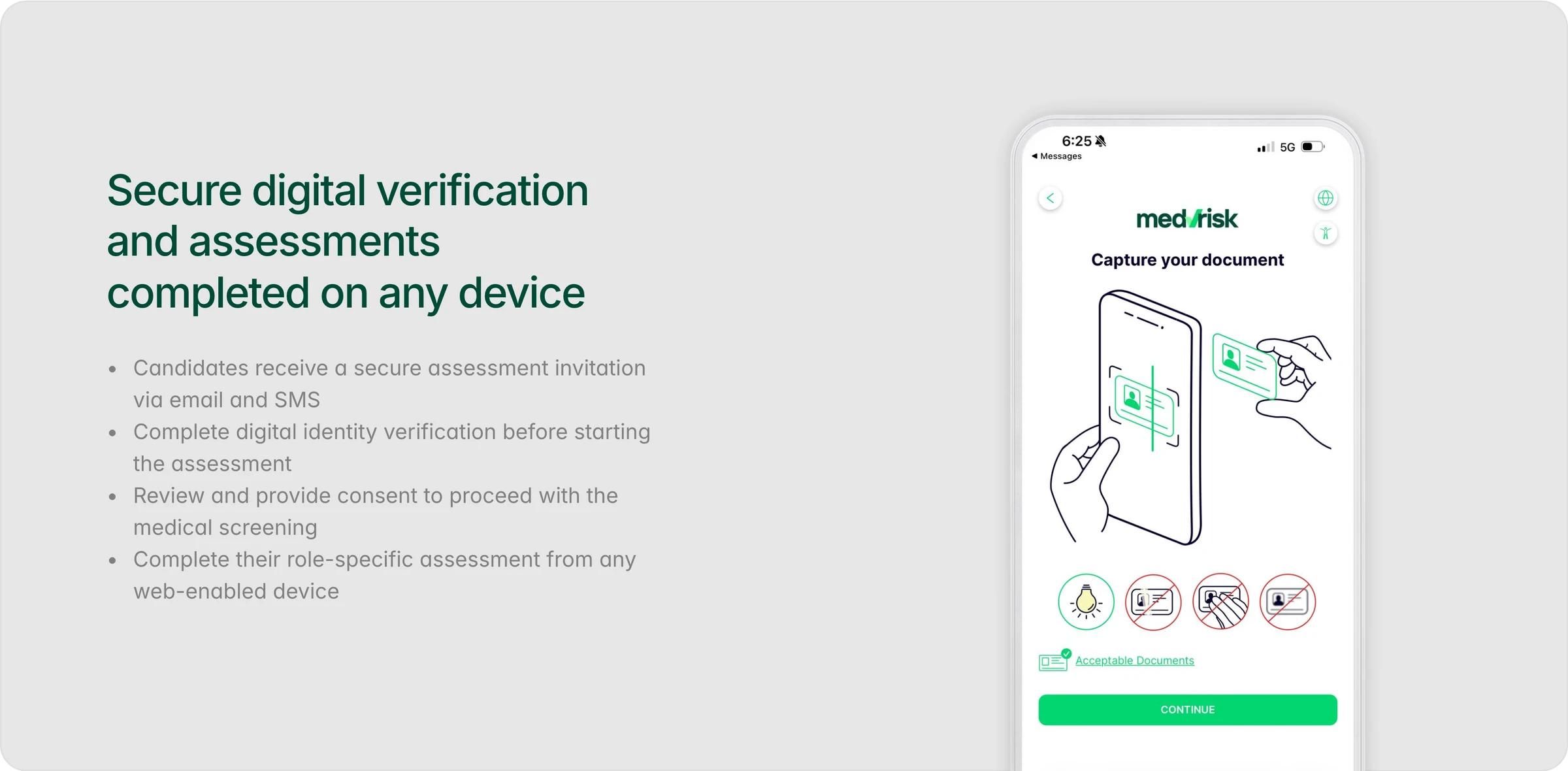 MedRisk How it works section: secure digital verification, with a phone showing the document capture step