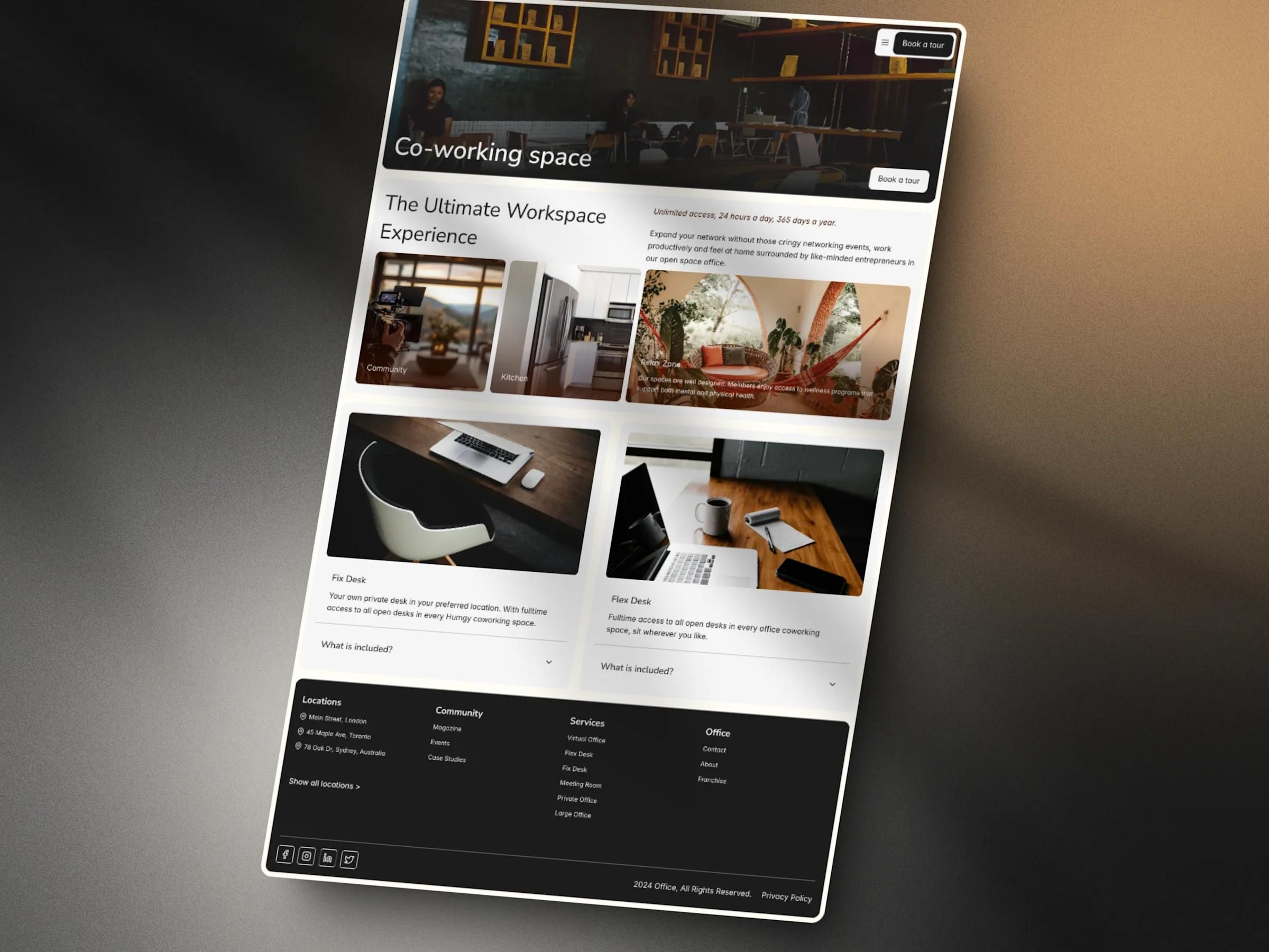 Co-working template page about the ultimate workspace experience