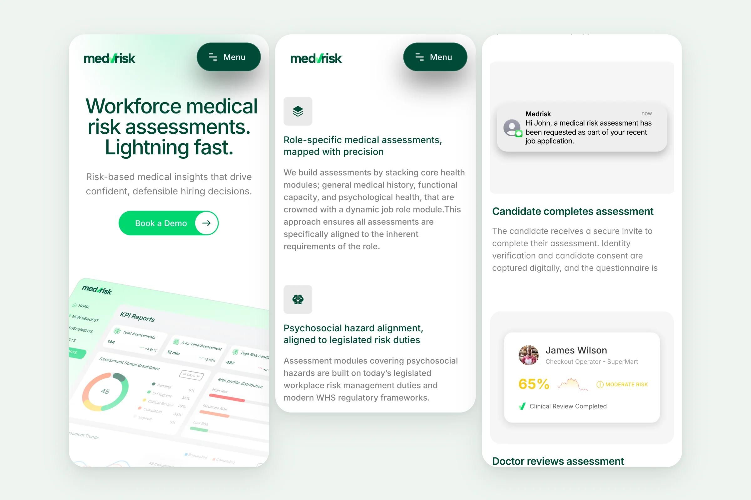 MedRisk pages on three phone screens: the home page hero, the role-specific assessments and the candidate assessment