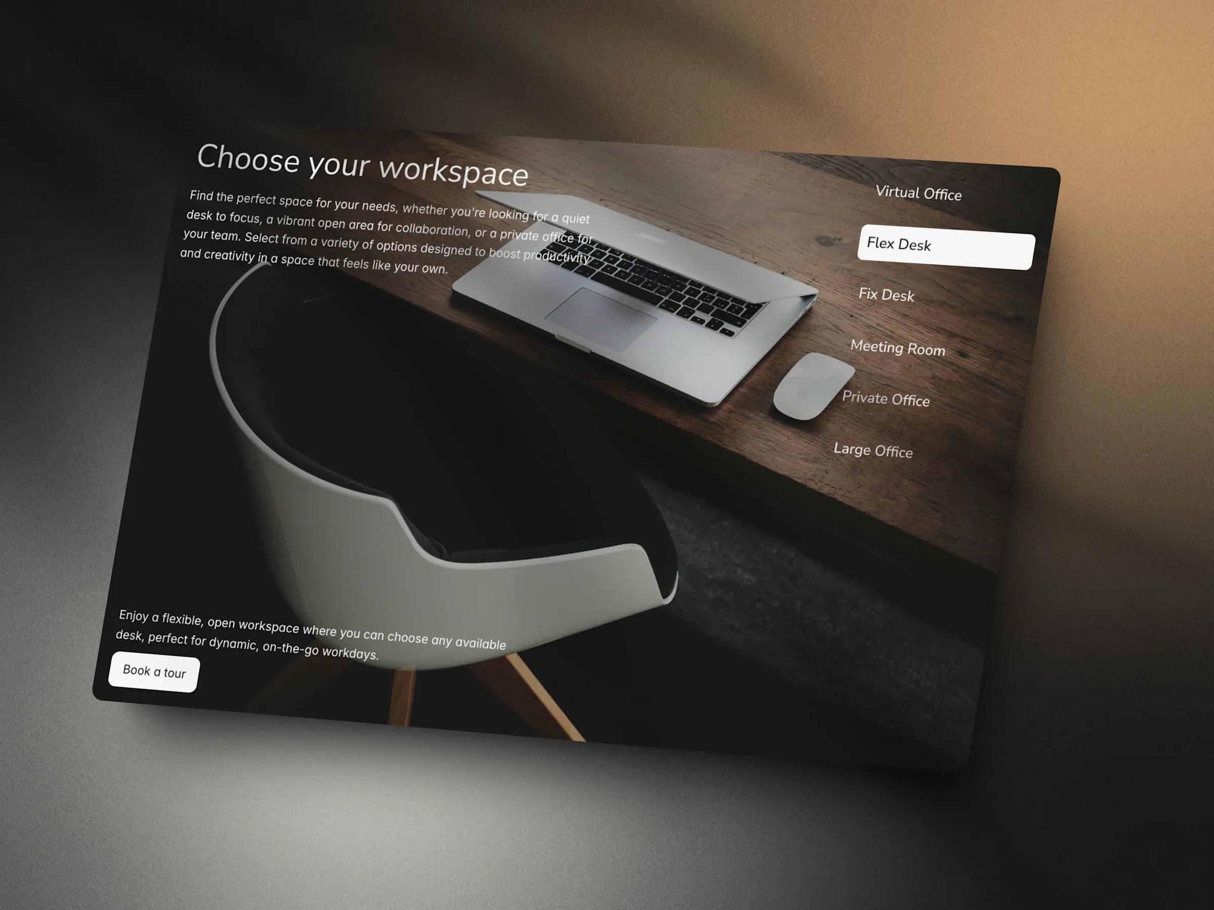 Co-working template workspace chooser over a desk photo