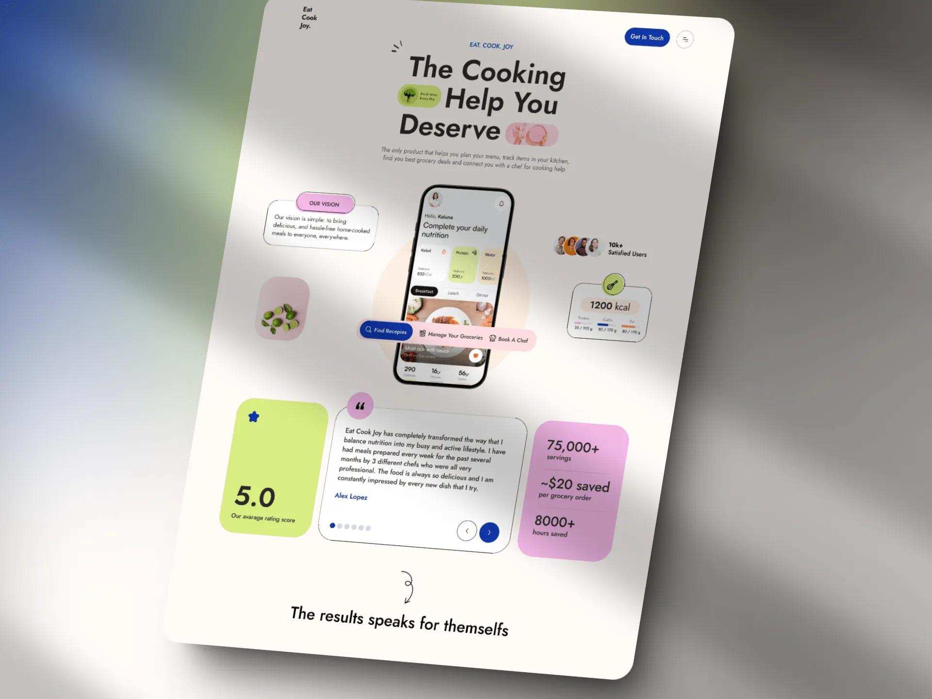 Eat Cook Joy page with a phone mock-up and recipe cards