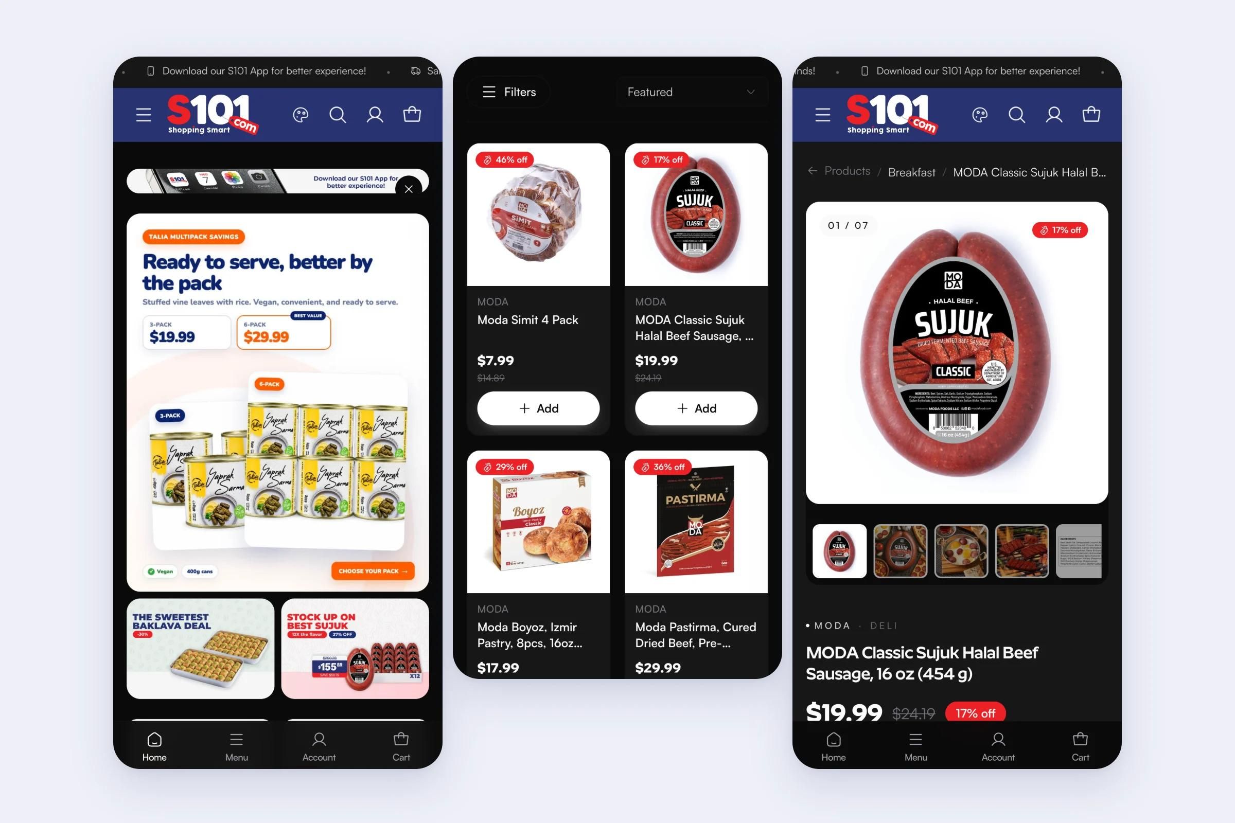 S101 on three phone screens: the home page, the Breakfast collection and a product page