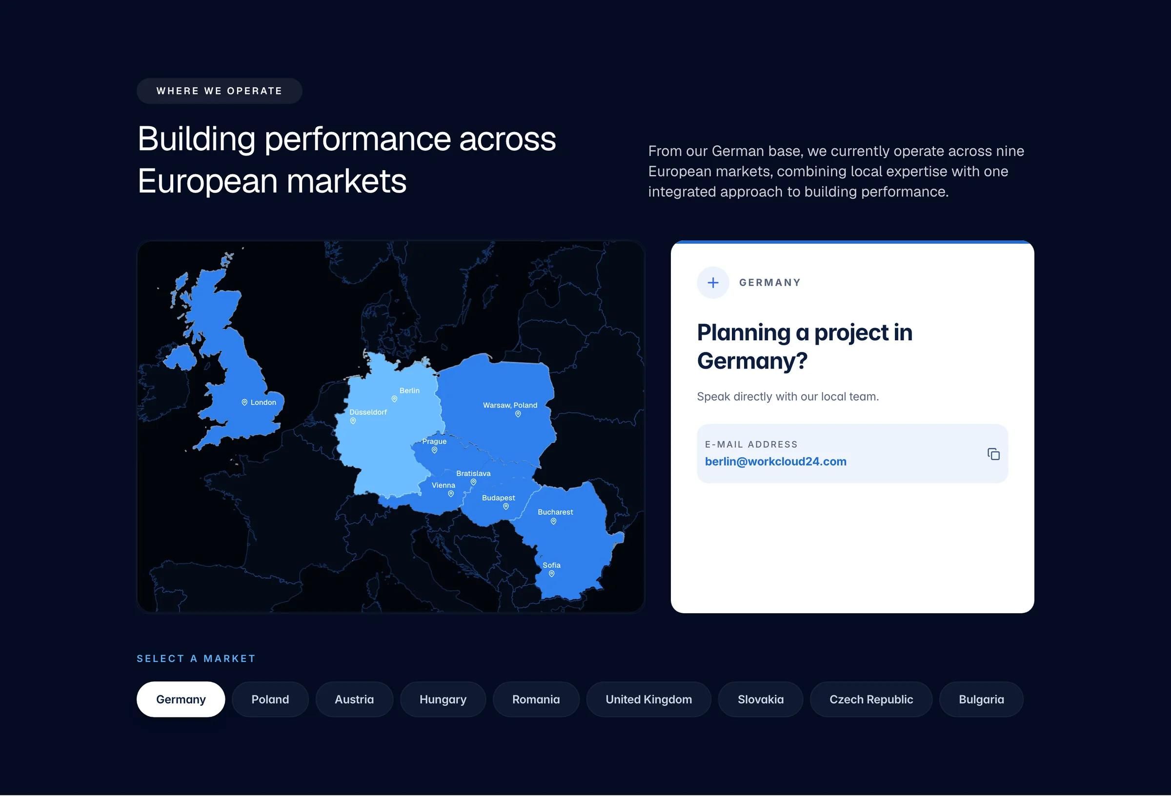 Where we operate section with the Europe map, the Germany contact card and nine market tabs