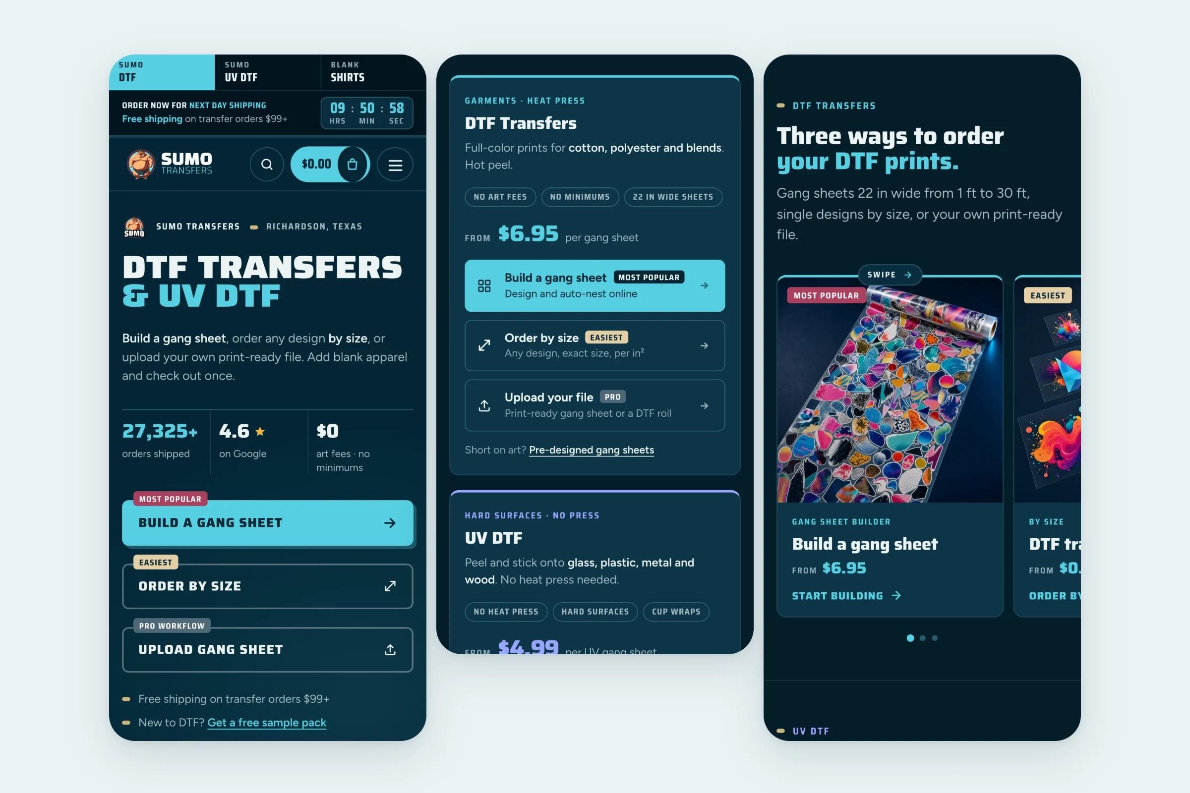 Sumo Transfers on three phone screens: the home page, the DTF Transfers ordering options and the Three ways to order section