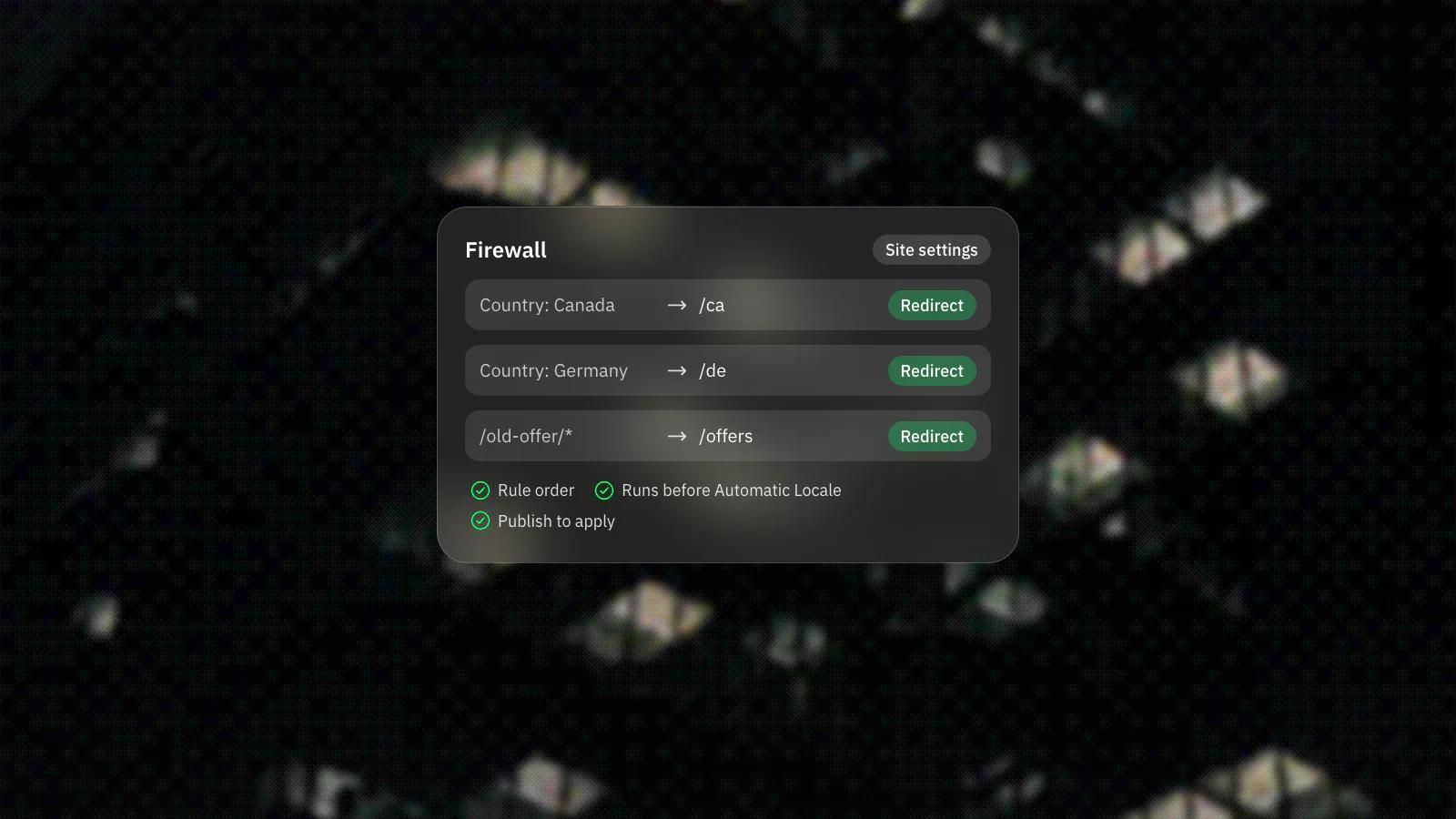 Framer Firewall rules sending visitors from two countries to their own sections, with rule order and publish checks.