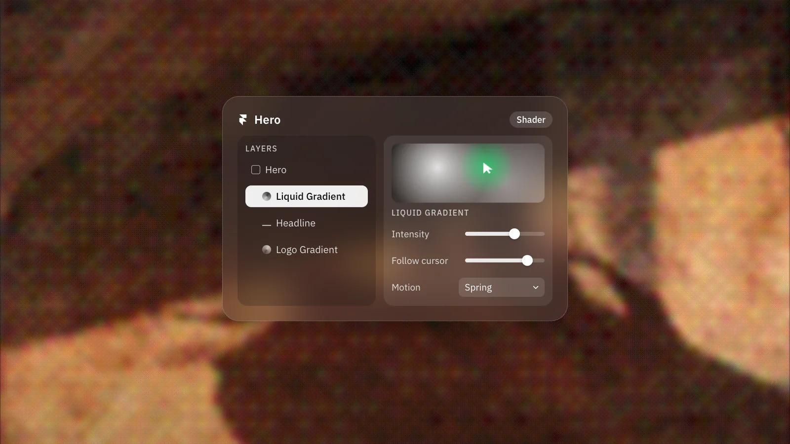 A Framer layers panel with a Liquid Gradient shader selected, a cursor over its preview and its intensity, cursor follow and motion controls, on a frosted glass card over a dithered photo of a rock face in warm orange light.