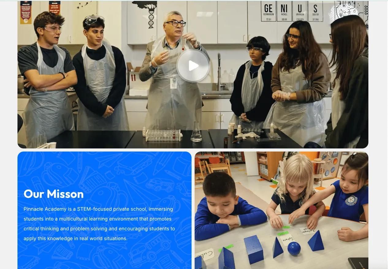 Pinnacle Academy mission section with classroom photos
