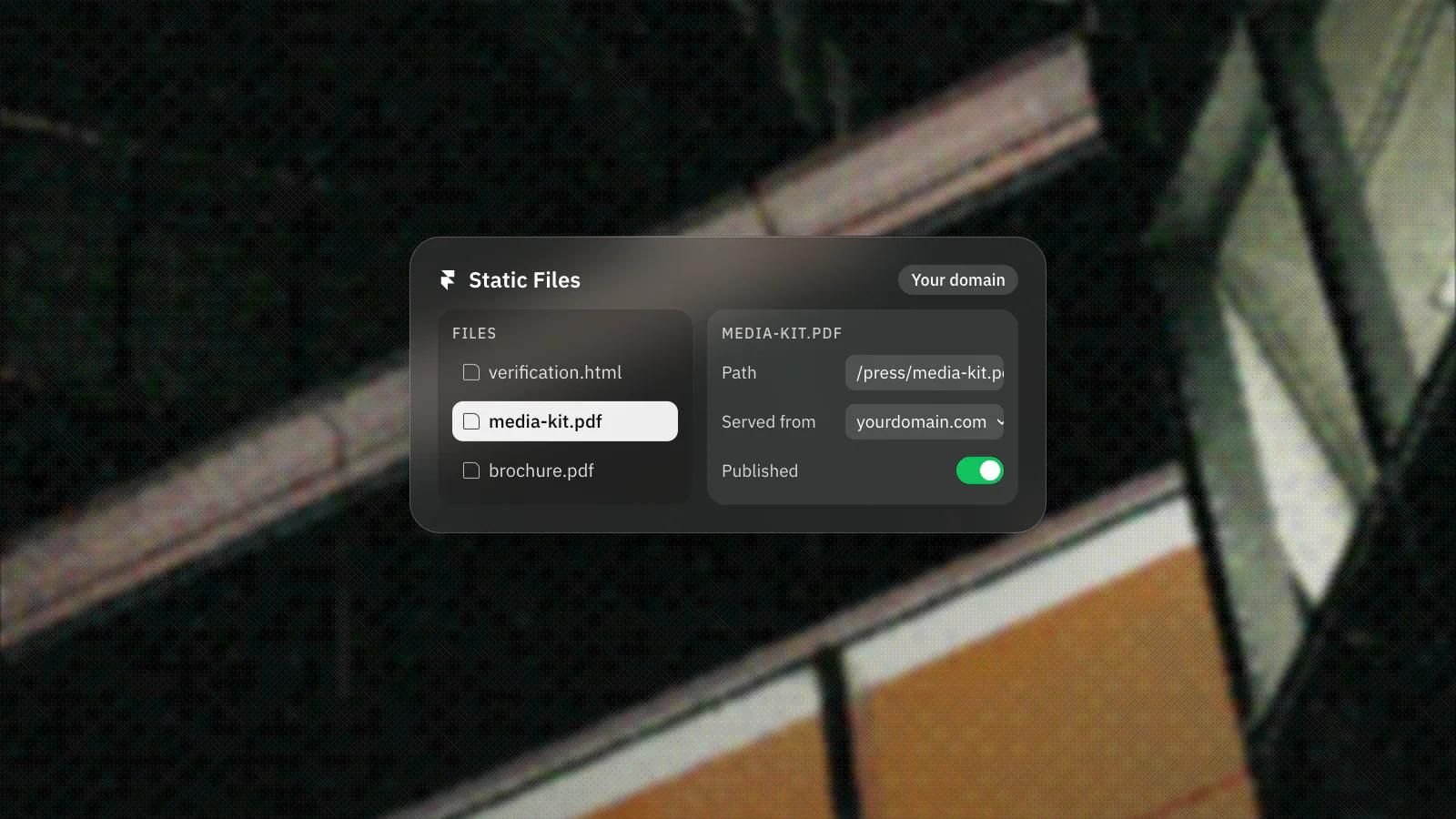 Framer Static Files with a media kit PDF served at its own path on the site’s domain, on a frosted glass card over a dithered photo of a building corner in late sun.