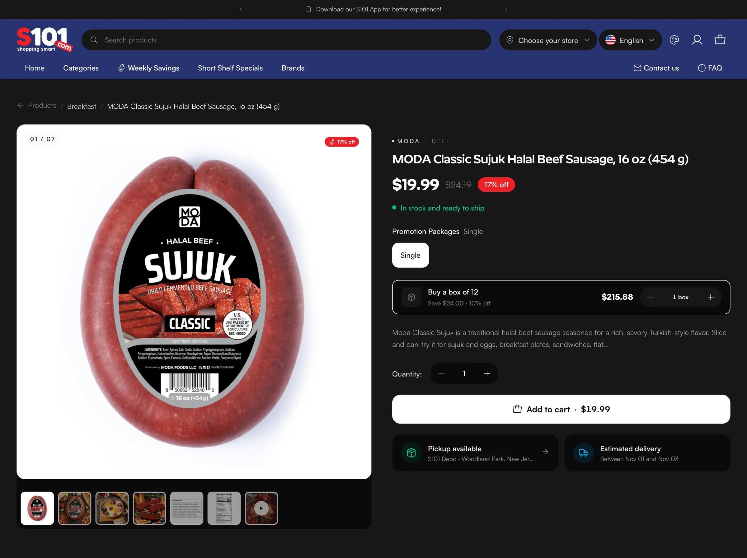 S101 product page: product photo gallery, price, pack options and delivery details