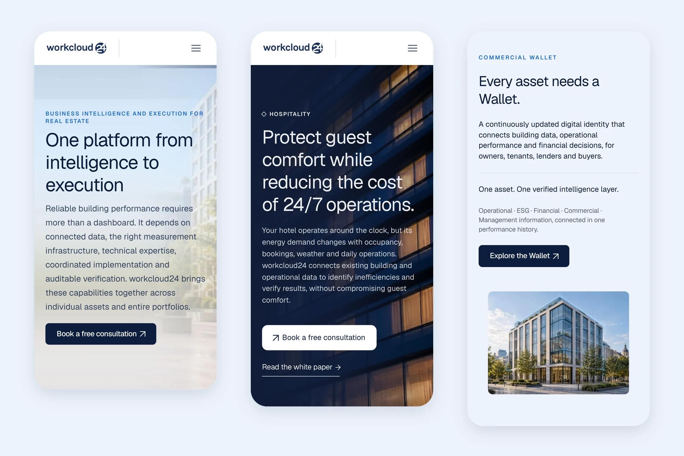 workcloud24 pages on three phone screens: the home page hero, the Hospitality hero and the Commercial Wallet section