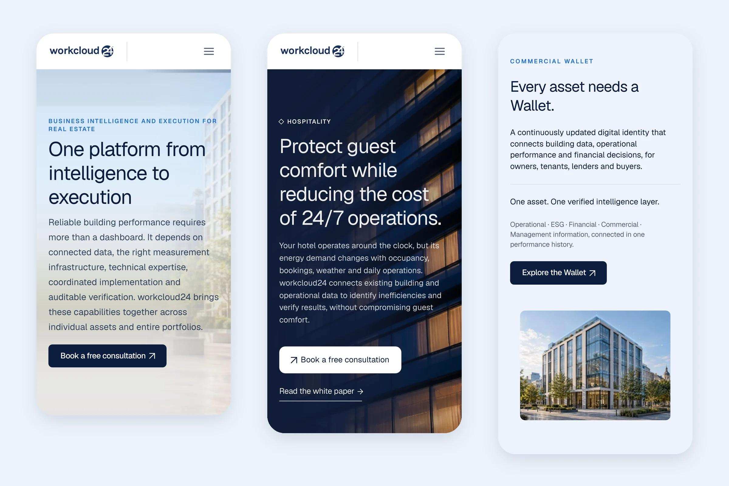 workcloud24 pages on three phone screens: the home page hero, the Hospitality hero and the Commercial Wallet section